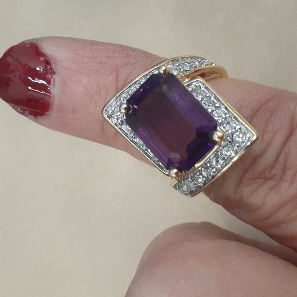 ❤ Pretty Gold tone CHUNKY Amethyst Fashion jewelry Statement Ring ART Deco ? - Picture 2 of 8